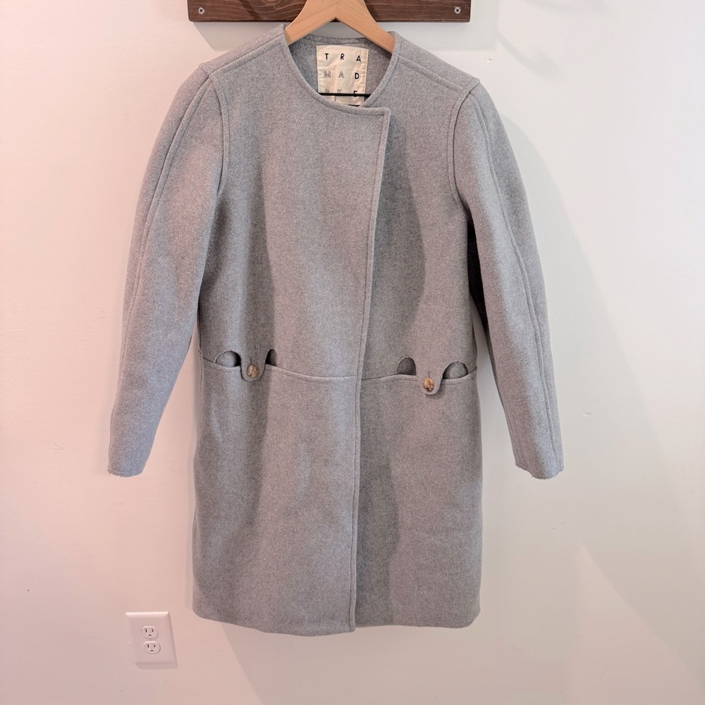 Trademark Almond Collarless Coat Wool Blend Light‎ Grey Size XS